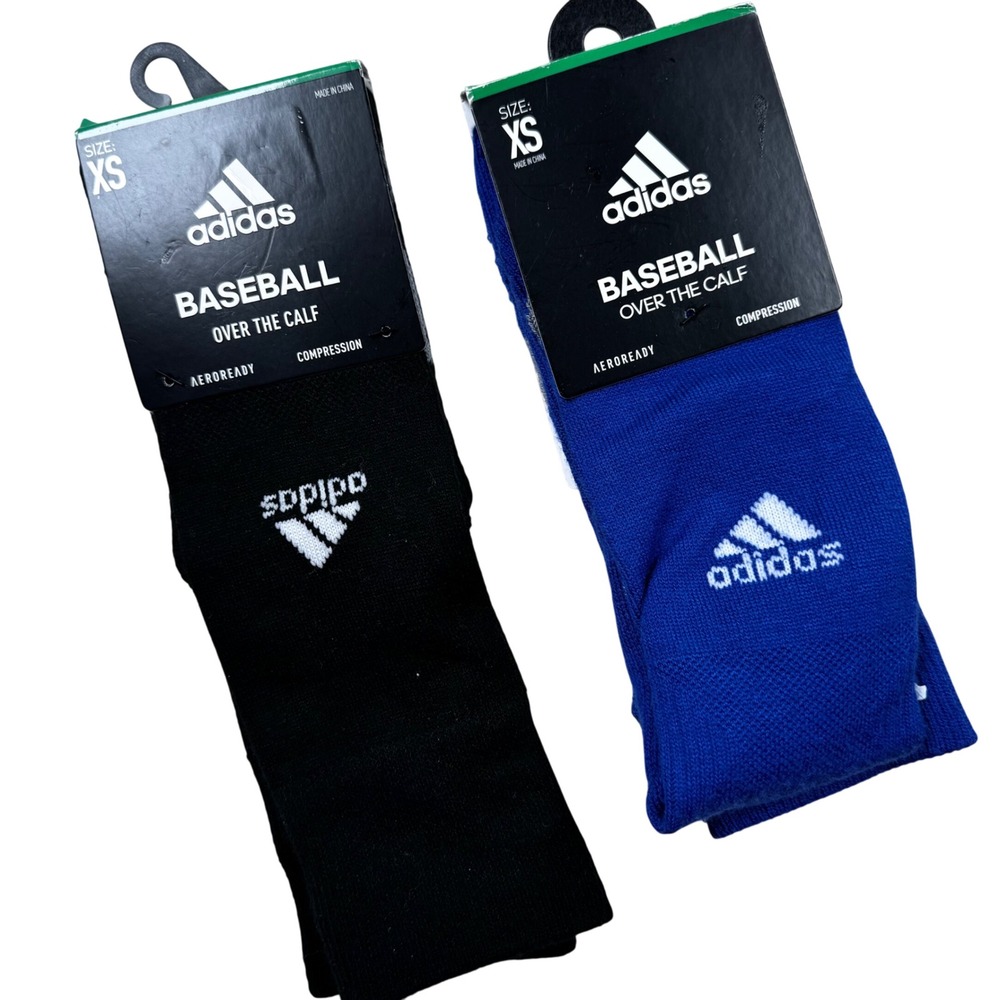 Adidas Baseball Socks Youth XS Blue Black 2 Pairs Over The Calf Aeroready OTC
